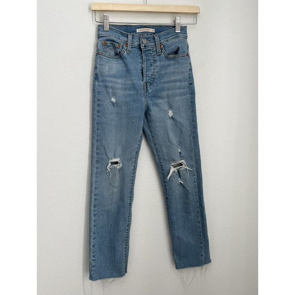 Levis Premium 24 Wedgie Straight Distressed Raw Hem Denim Blue Jeans But… - Picture 1 of 7
